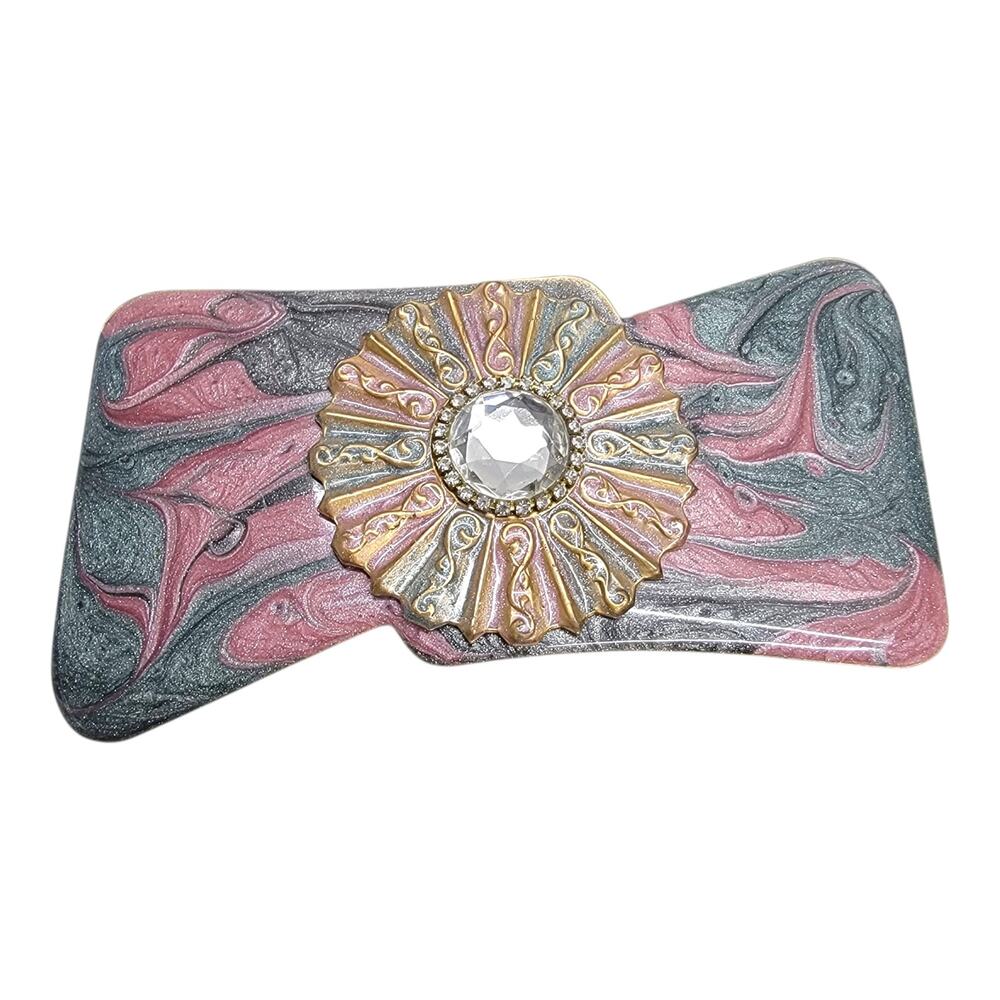 Vintage 80s Pink Grey Marbled Enamel Rhinestone Brass Statement Belt Buckle
